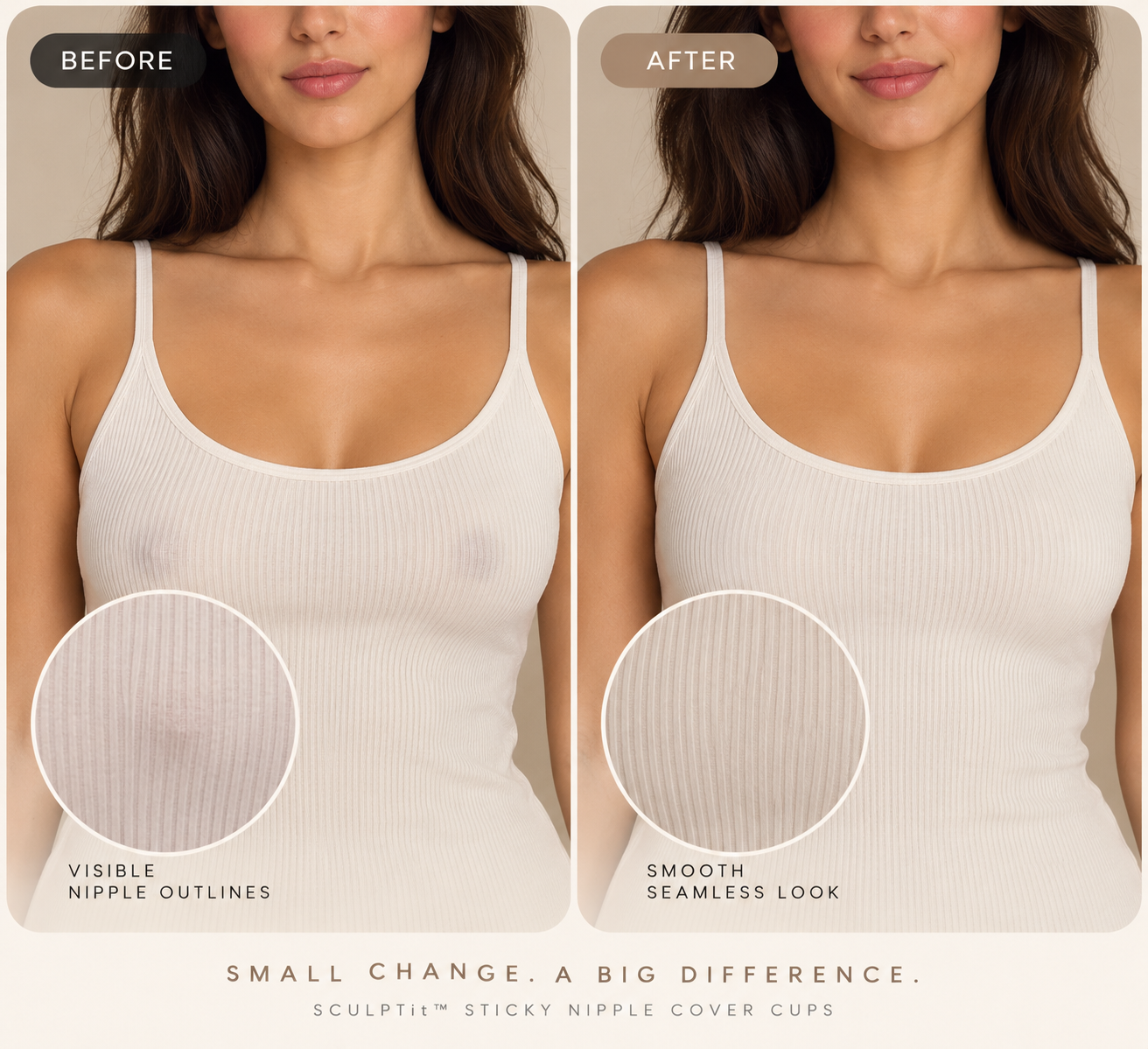 Before and after using SCULPTit Sticky Nipple Cover Cups