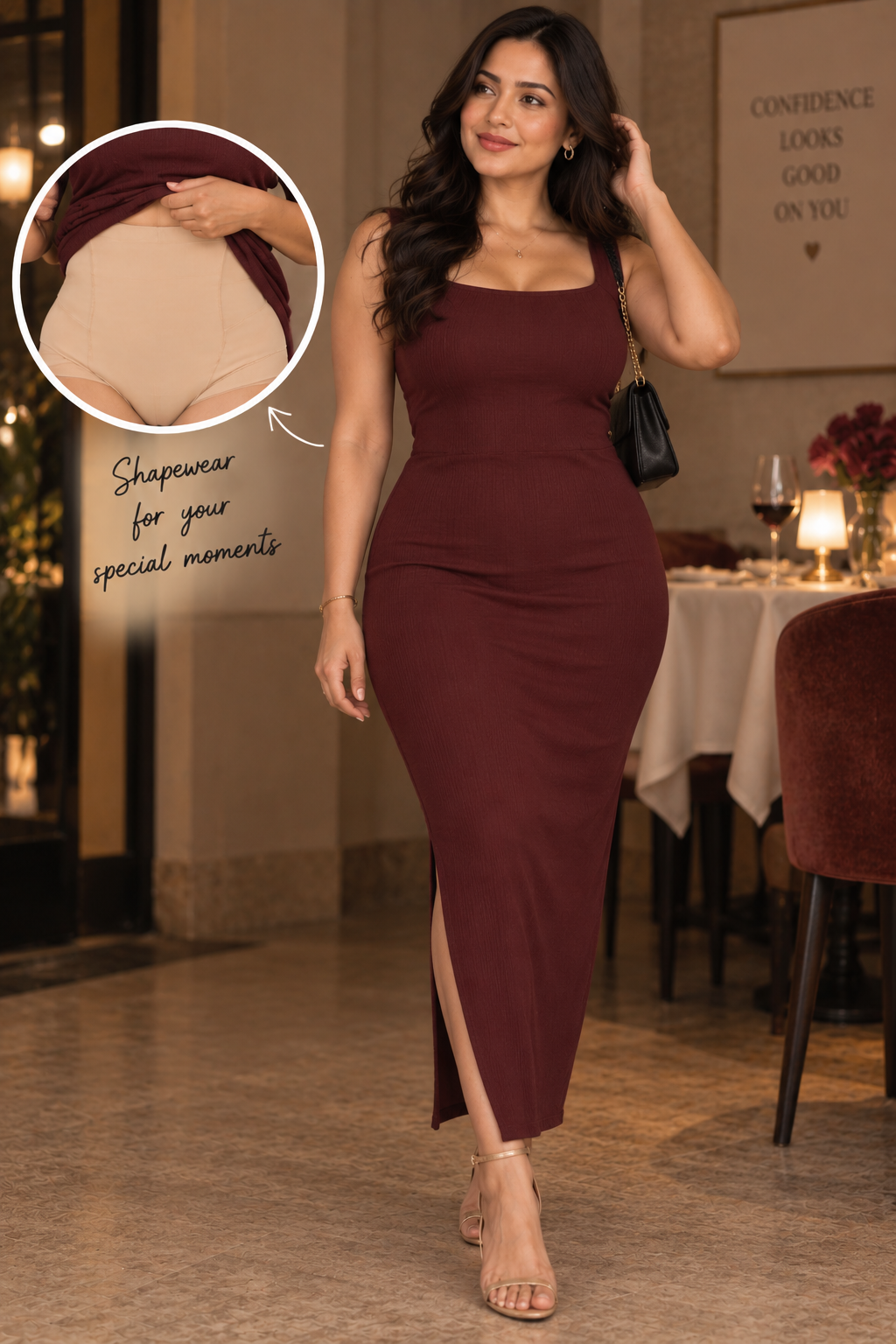 SCULPTit High-Waist Tummy Shapewear Shorts under a dinner outfit