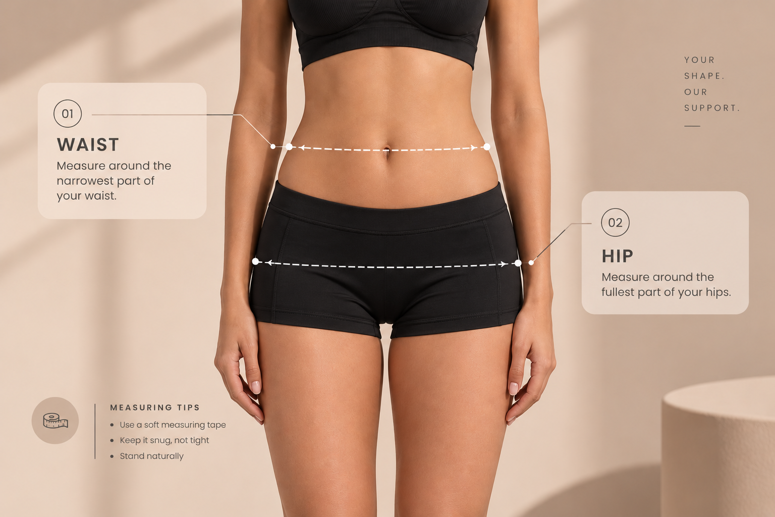 SCULPTit size guide showing how to measure waist and hips